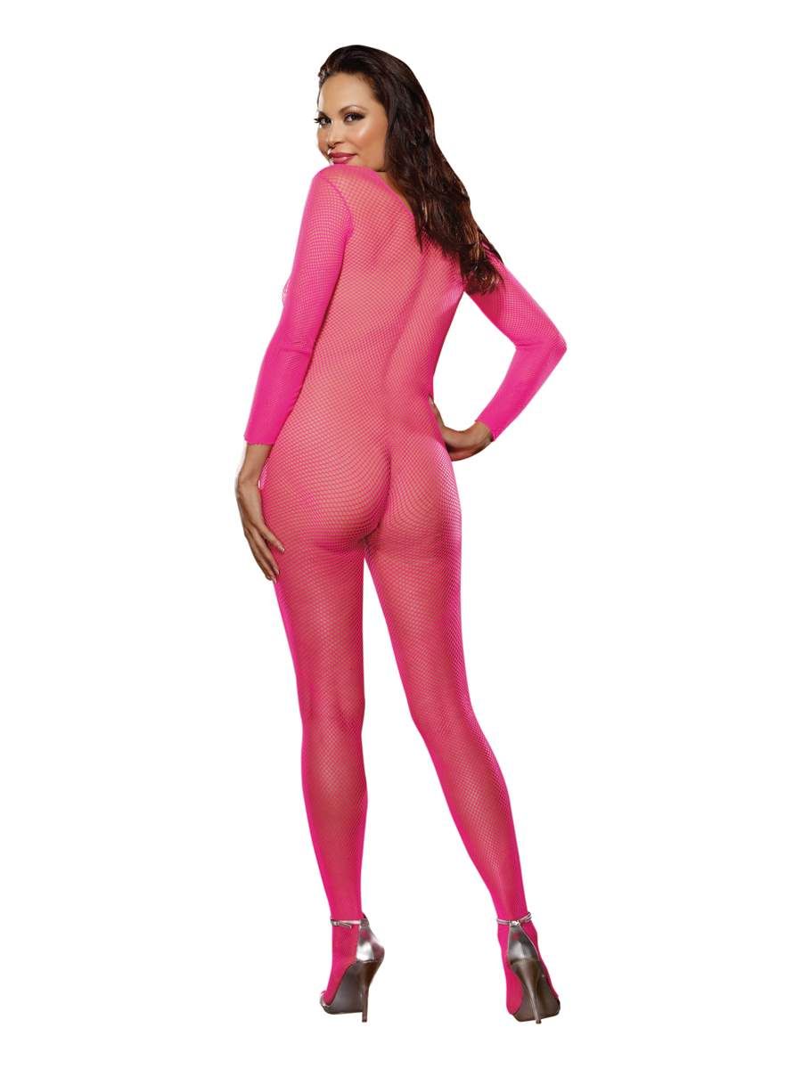 Dreamgirl One Size Queen Pink Fishnet Long Sleeve Crotchless Bodystocking