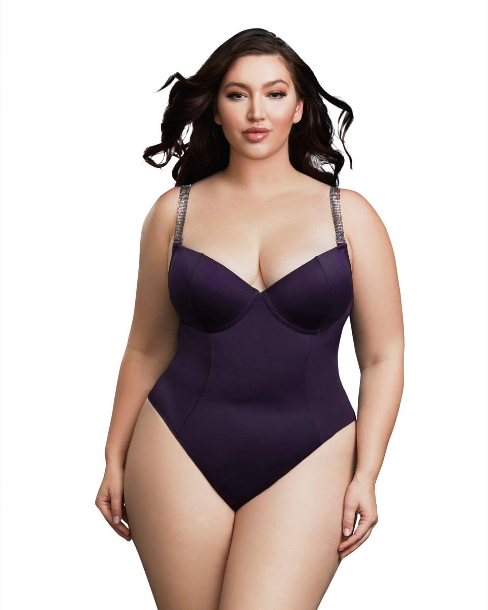 Dreamgirl Eggplant Microfiber Bodysuit with Chainmail Shoulder Straps
