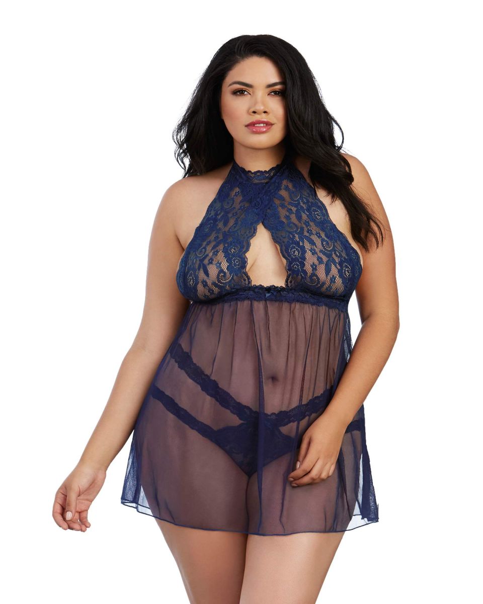 Dreamgirl One Size Midnight Stretch Lace and Mesh Babydoll with Matching Panty