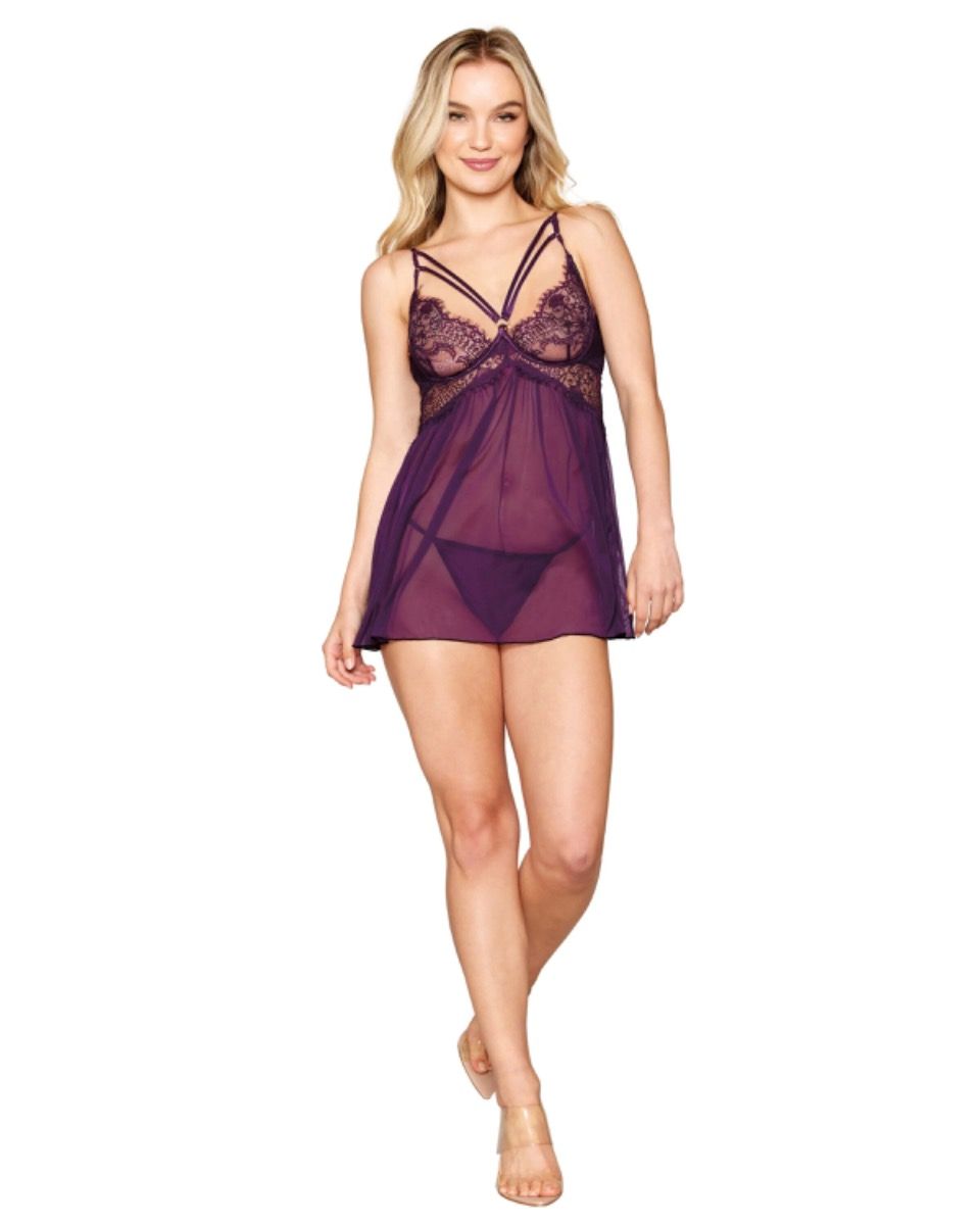 Eyelash Lace Babydoll & G-String Set with Strappy Neck & Gold Ring Details