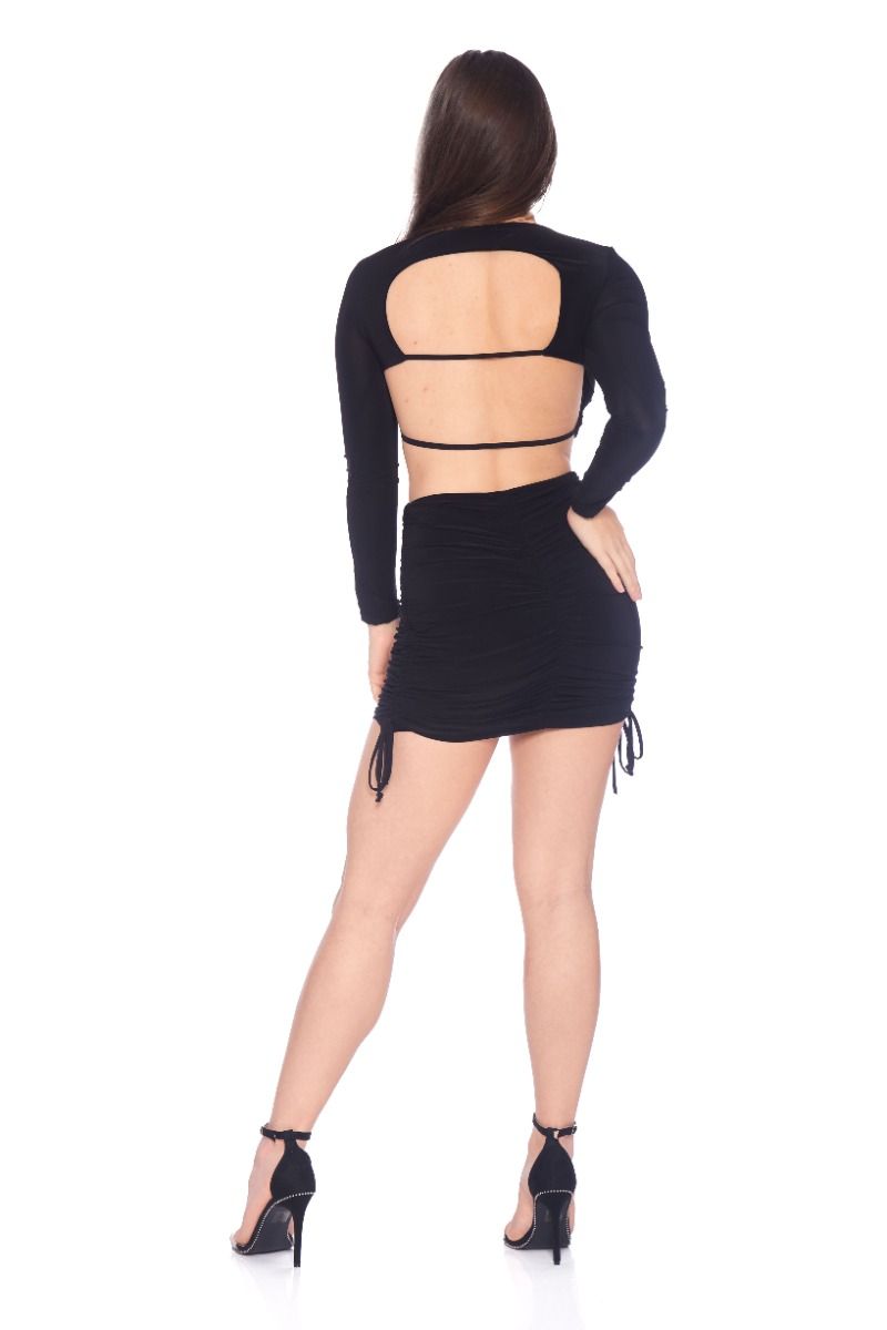 Black Long Sleeve Cutout Back Crop Top & Matching Ruched Skirt