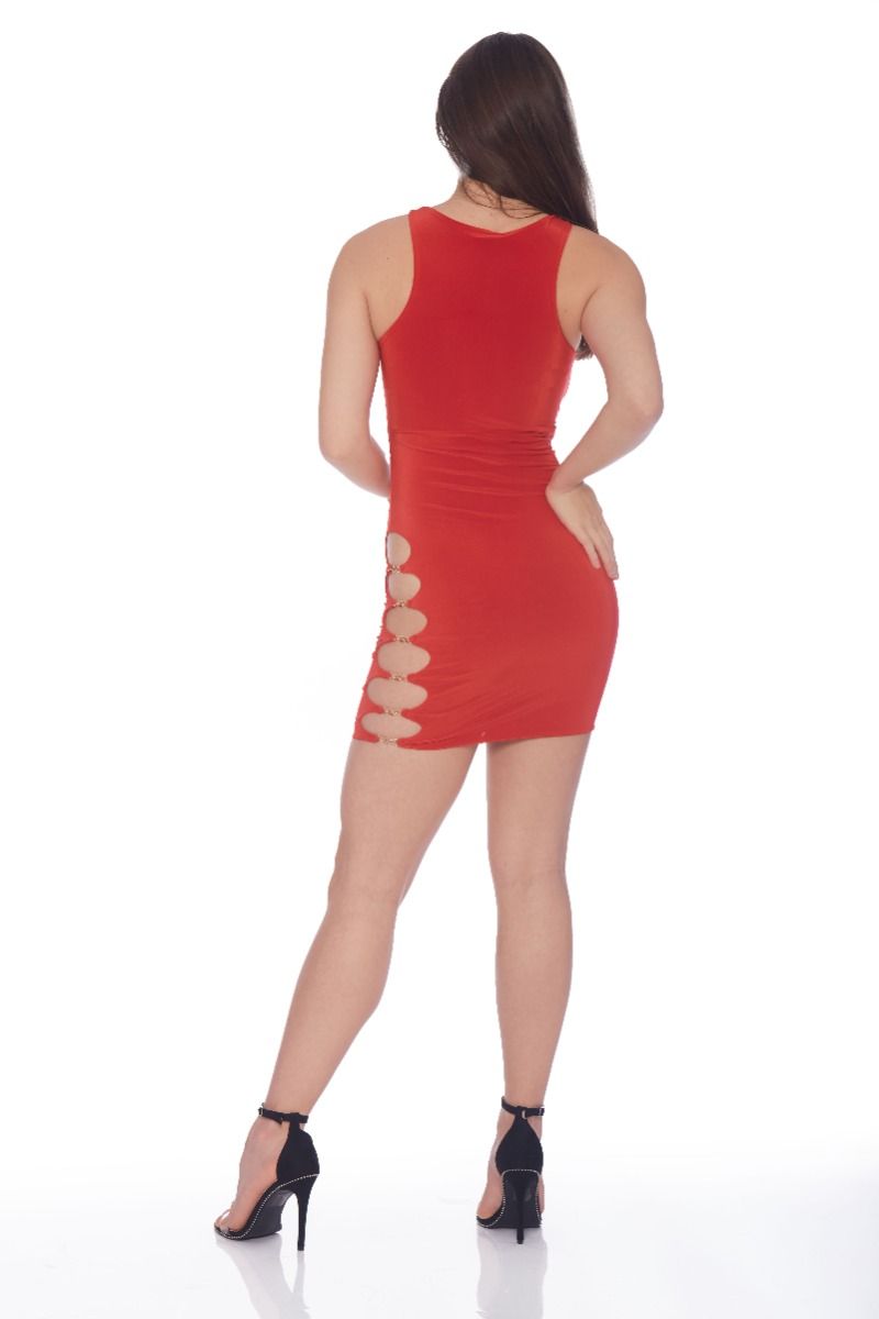 Red Cutout Mini Dress With Gold Detailing