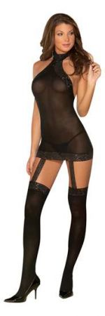 Dreamgirl One Size Black Sheer Halter Garter Dress with Attached Garters and Thigh High Stockings