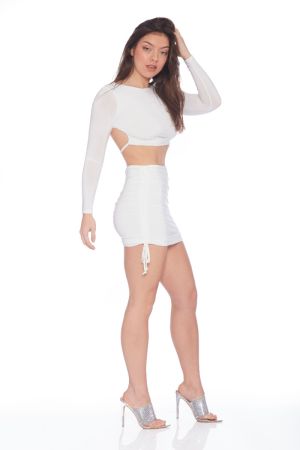 White Long Sleeve Cutout Back Crop Top & Matching Ruched Skirt