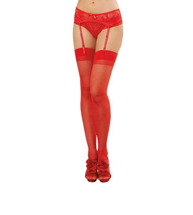 Dreamgirl One Size Red Sheer Thigh High Stockings with Plain Top and Back Seam